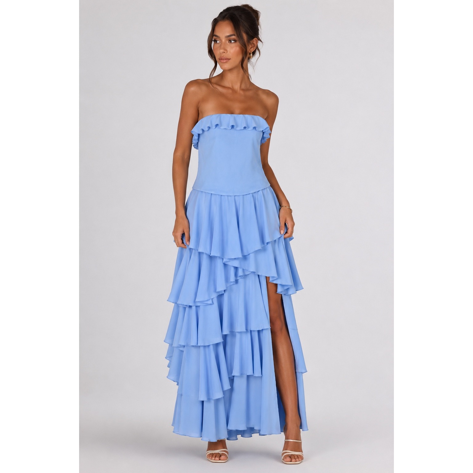 Oh Polly Blue Strapless Ruffle Tiered Maxi Dress Side Slit Us 8 Gown New